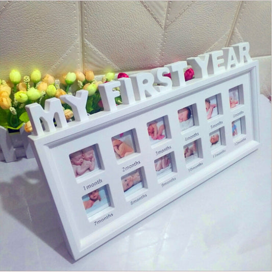 White baby photo frame with "My First Year" title and 12 monthly photo slots