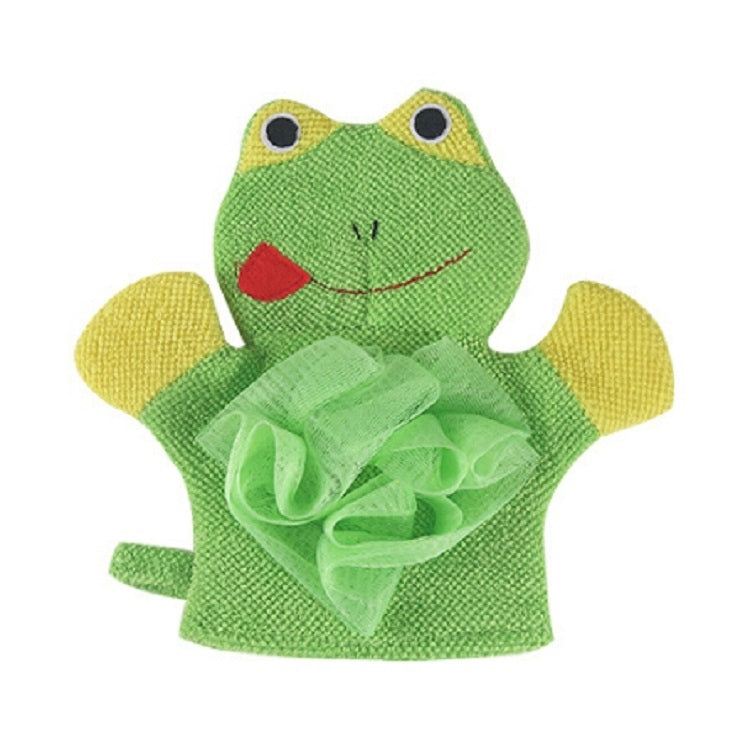 Green frog-shaped children’s bath glove with ruffled scrubbing sponge detail