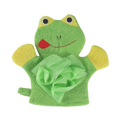 Green frog-shaped children’s bath glove with ruffled scrubbing sponge detail