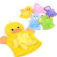 Assorted cartoon animal bath gloves in yellow, green, blue, purple, and pink
