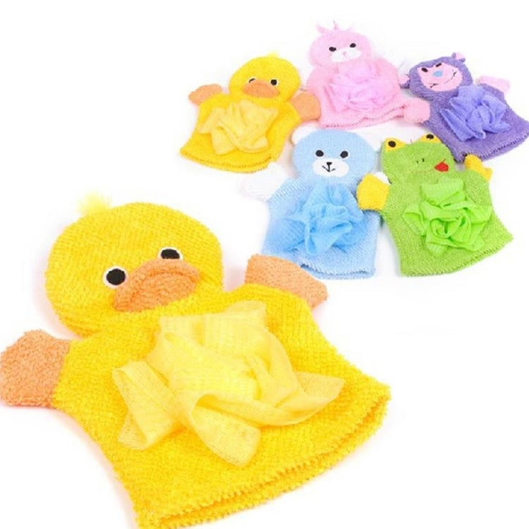Assorted cartoon animal bath gloves in yellow, green, blue, purple, and pink