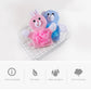 Cartoon animal bath gloves, pink and blue bear and bunny designs in a basket