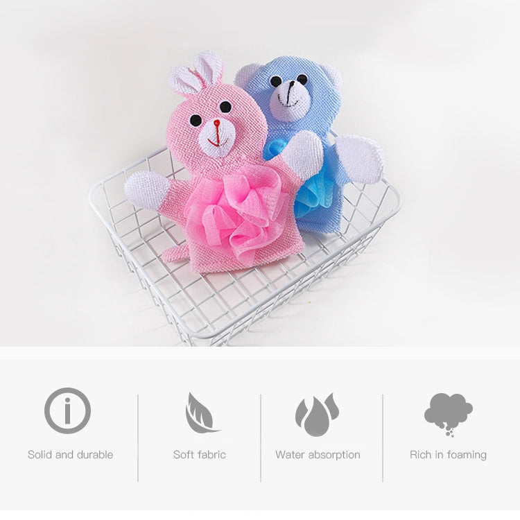 Cartoon animal bath gloves, pink and blue bear and bunny designs in a basket