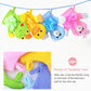 Hanging string of multicolor cartoon animal bath gloves with ruffled scrubbing sponge