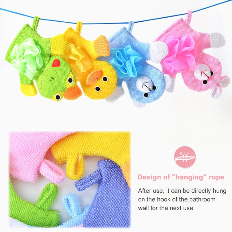 Hanging string of multicolor cartoon animal bath gloves with ruffled scrubbing sponge
