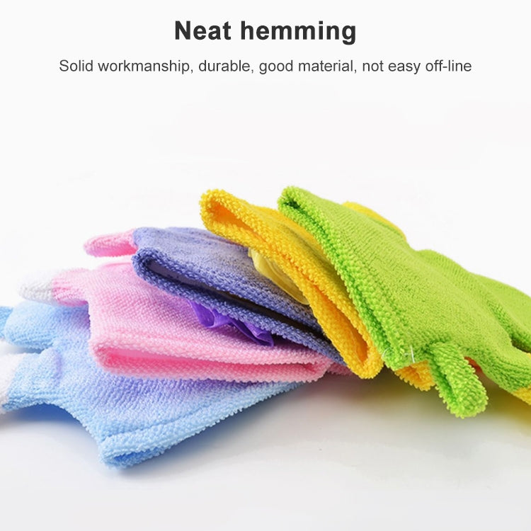 Stack of colorful cartoon children’s bath gloves: green, blue, purple, and pink