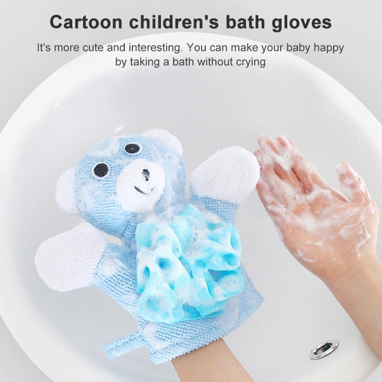 Blue bear children’s bath glove with ruffled scrubbing sponge in a white tub