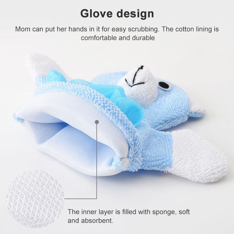 Blue bear children’s bath glove showing inner sponge layer beneath ruffled fabric