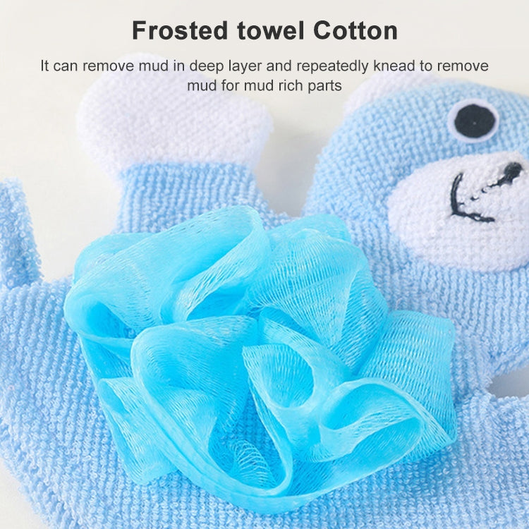Close-up of blue bear bath glove with textured towel-cotton surface and sponge