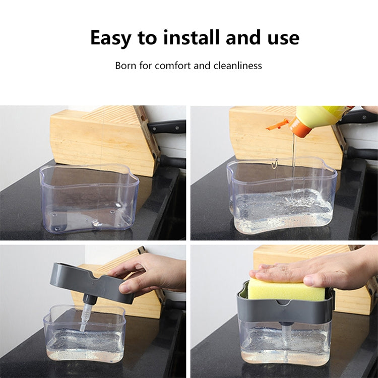 Gray press soap dispenser with pump and clear reservoir, dispensing liquid into container