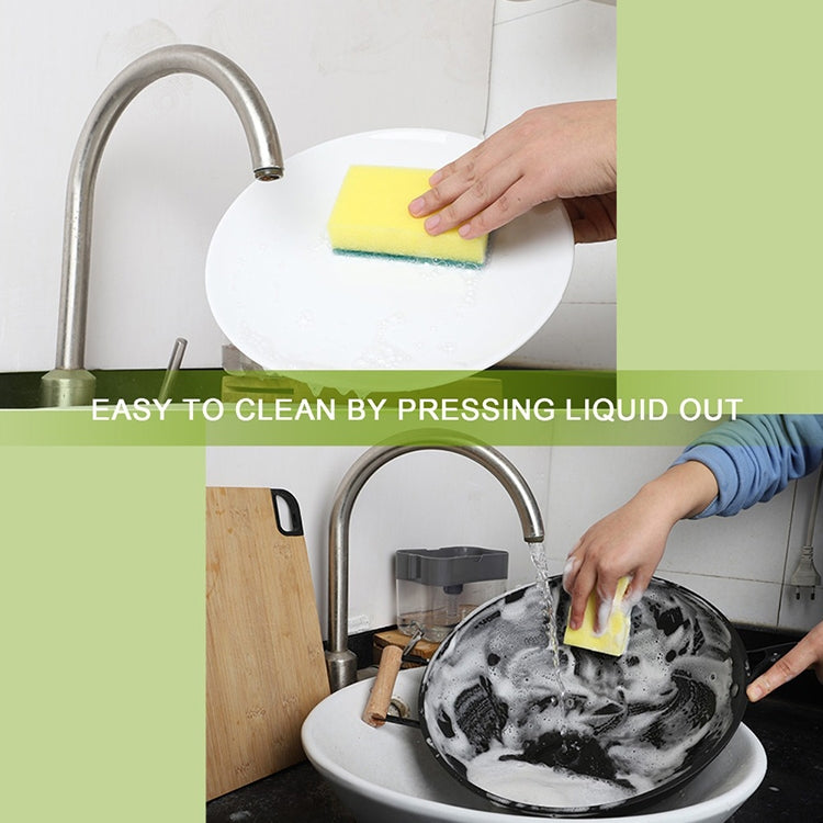 Gray soap dispenser with press pump over sink drain, pushing liquid out for cleaning