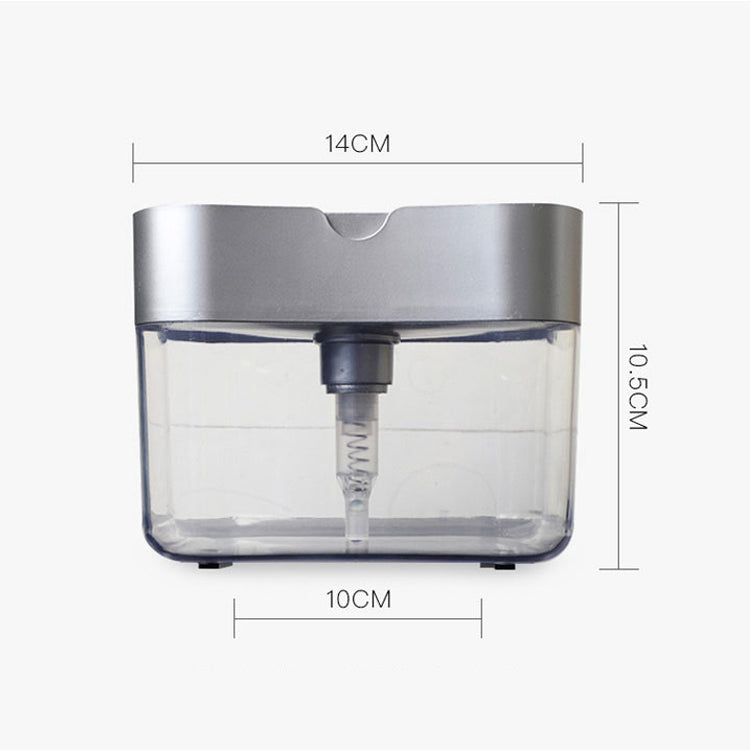 Compact soap dispenser with gray/silver top and clear container; dimensions shown