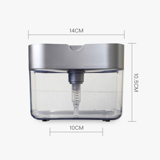 Compact soap dispenser with gray/silver top and clear container; dimensions shown