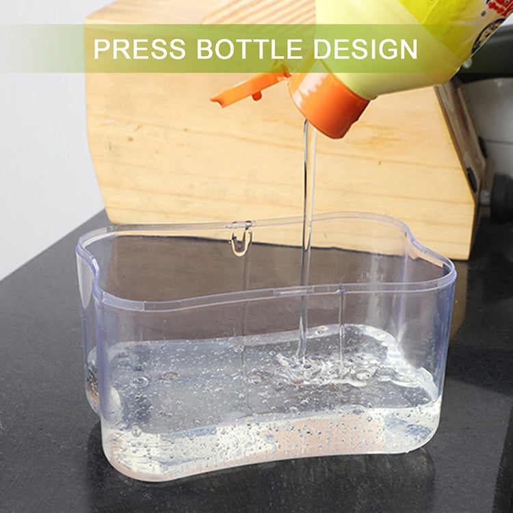 Clear soap dispenser tank with gray/silver top; liquid stream dispensing into container