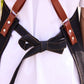 Black apron waist with brown leather straps and stitched denim bow detail