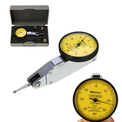 Dial indicator measuring tool with open storage case and yellow dial face