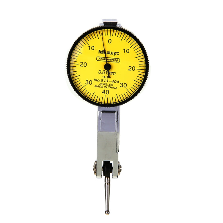 Round dial indicator with yellow scale and metal mounting stem