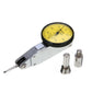Dial indicator tool with yellow dial, metal arm, and threaded accessories