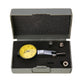 Dial indicator in gray hard case with yellow dial and metal mounting parts