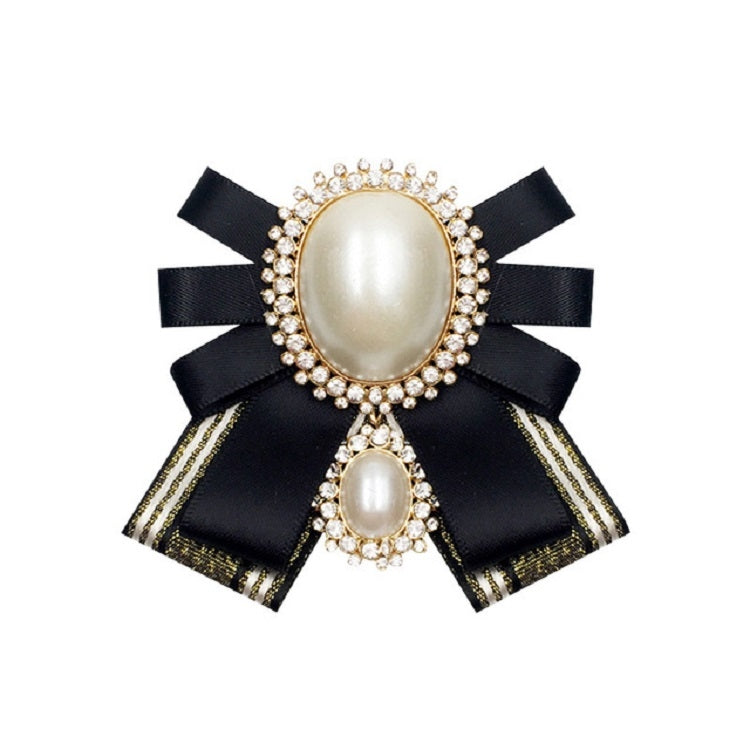 Black satin bow brooch with large oval pearl center, rhinestone edge and small pearl drop