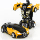 Yellow transforming toy car set with black robot and sports car, open front view