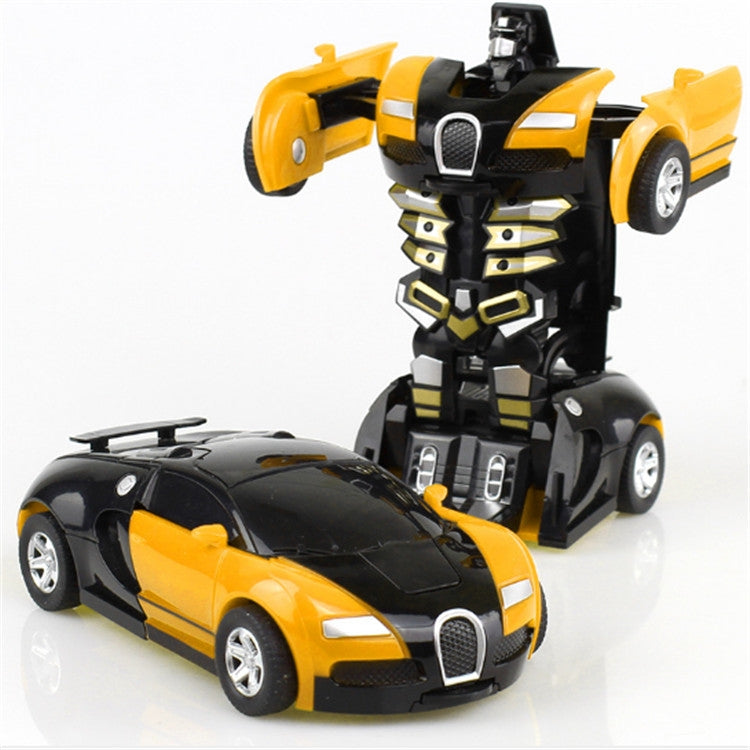 Yellow transforming toy car set with black robot and sports car, open front view