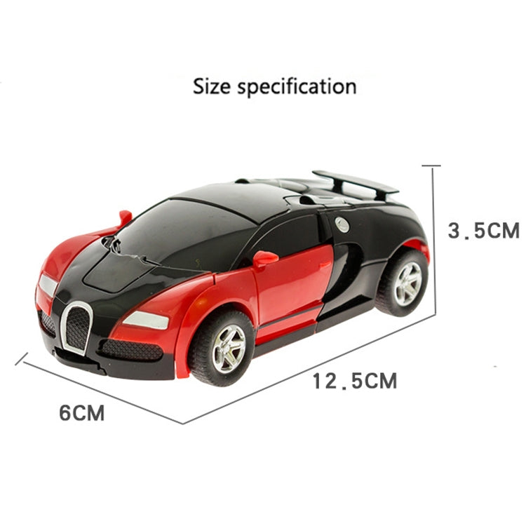Red and black transforming toy car model with size label on side view