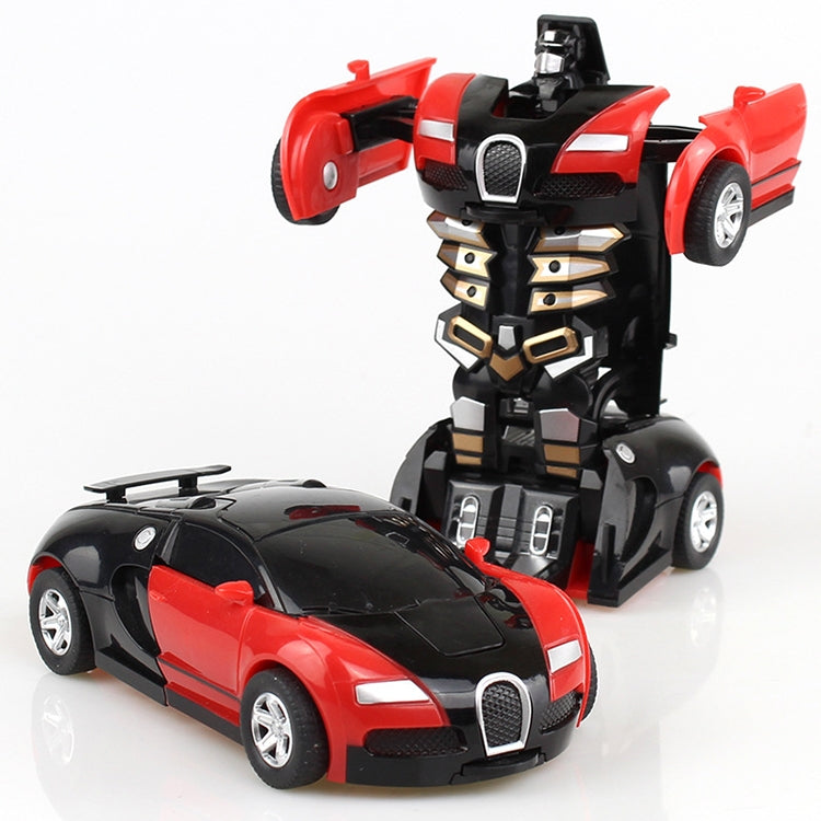 Red transforming toy car with black robot and red sports car, front-left angle