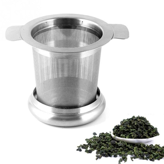 Stainless steel tea strainer basket with lid, fine perforated mesh and handles