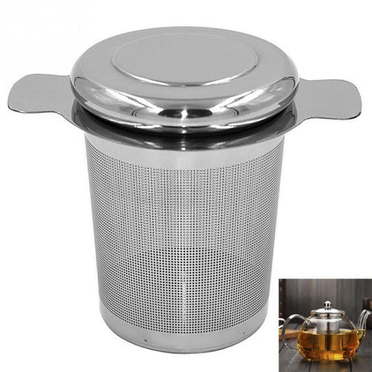 Stainless steel tea infuser cup with lid and side handles, fine mesh basket