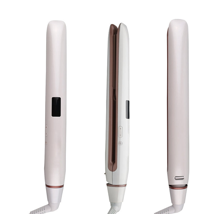 White hair straightener with brown hinge and compact folded design