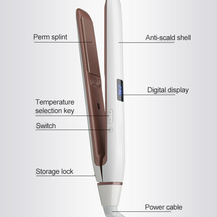 White hair straightener with temperature selection keys, storage lock, and display