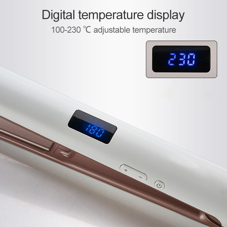 White hair straightener with built-in LED temperature display and ceramic plates