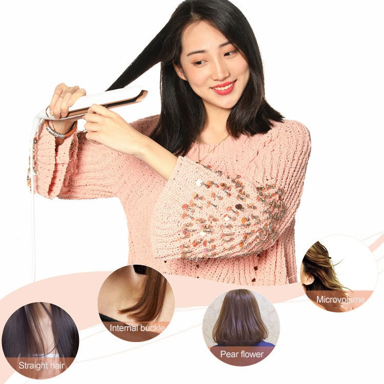 Hair straightener styling tool held in use, with ceramic plates for straight hair