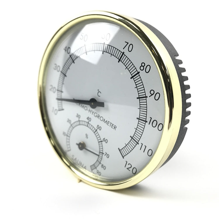 Sauna thermo-hygrometer with dual dials for temperature and humidity, gold rim