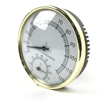 Sauna thermo-hygrometer with dual dials for temperature and humidity, gold rim