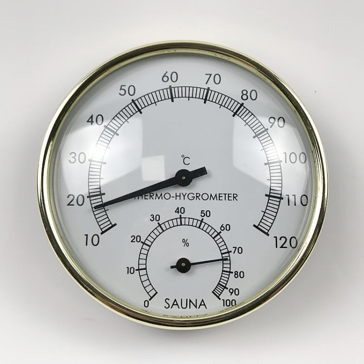 Round thermo-hygrometer gauge with temperature and humidity scales, gold metal frame