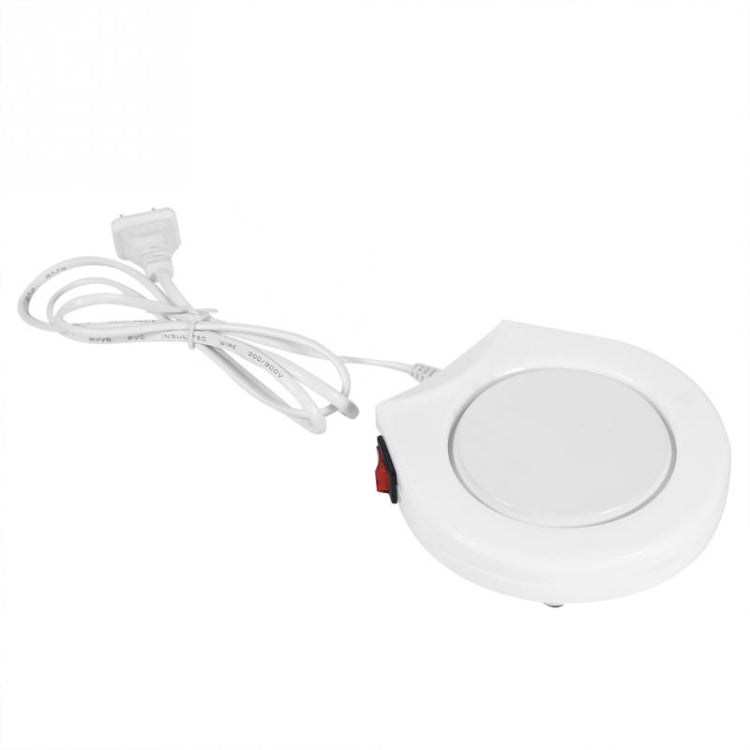 White electric beverage warmer pad with power cord and red rocker switch