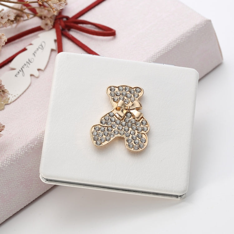 White PU leather folding mini makeup mirror with rhinestone teddy bear front