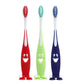 Three children's cartoon toothbrushes standing: red, green, and blue with character faces.