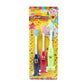 Packaged 3-piece children's cartoon toothbrush set on card, red, green, blue.