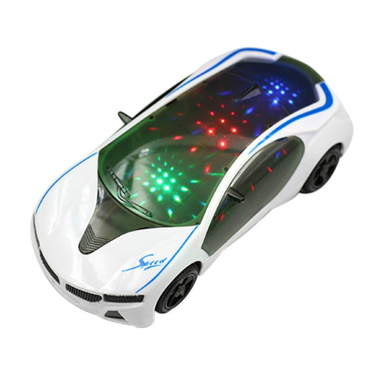 White 3D electric toy supercar with blue LED lighted wheels and glowing windshield