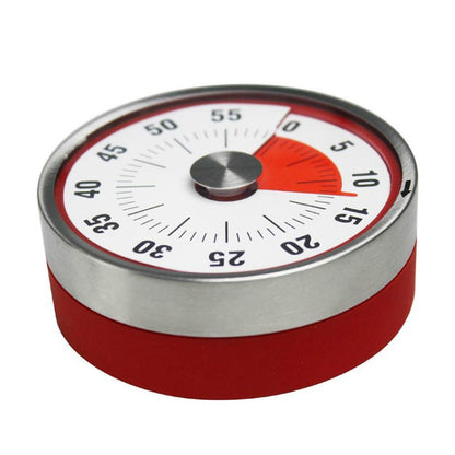 Red and stainless steel kitchen countdown timer with 0–55 minute dial and metal knob