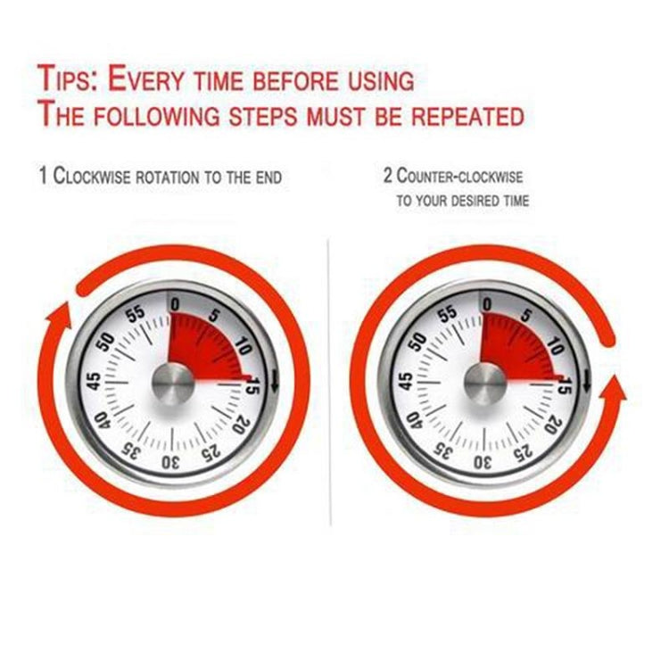 Kitchen timer dial instruction diagram with clockwise and counterclockwise arrows
