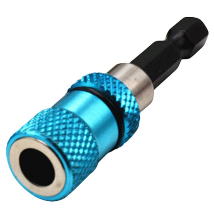 Magnetic screwdriver bit connector with blue textured grip and dark drive tip
