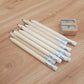 Diagonal view of sharpened wooden HB pencils with silver ferrules and white eraser ends