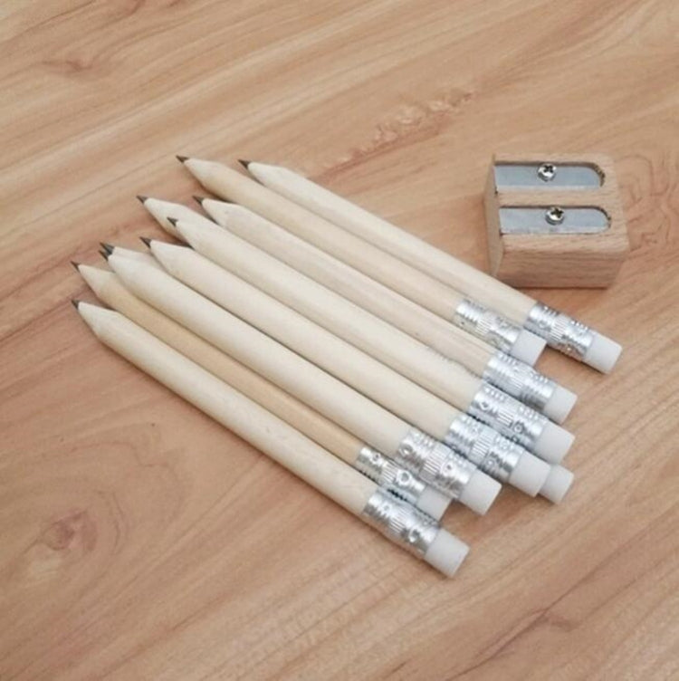 Diagonal view of sharpened wooden HB pencils with silver ferrules and white eraser ends