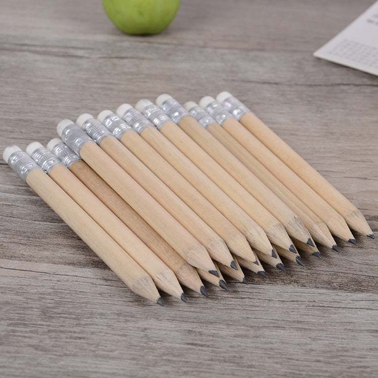 Close-up row of sharpened wooden HB pencils with silver ferrules and white eraser ends