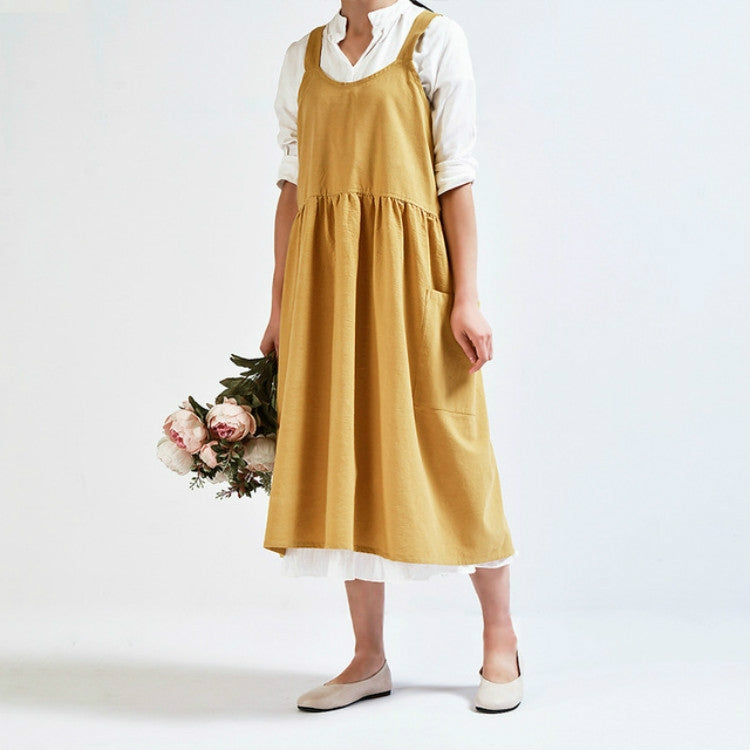 Ginger high-waist cotton-linen apron with bib, gathered skirt, and front pocket
