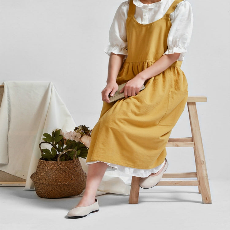 Ginger high-waist cotton-linen apron with bib front, gathered skirt, and front pocket